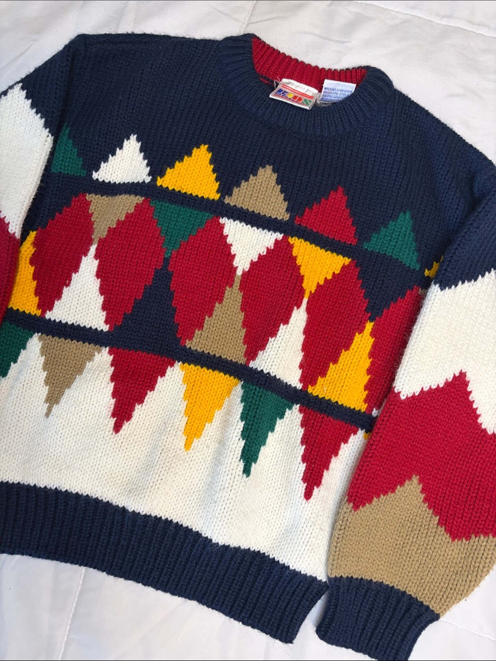 VINTAGE 90s Kids Geometric Knit Sweater - Navy, Red, White & Multicolor
